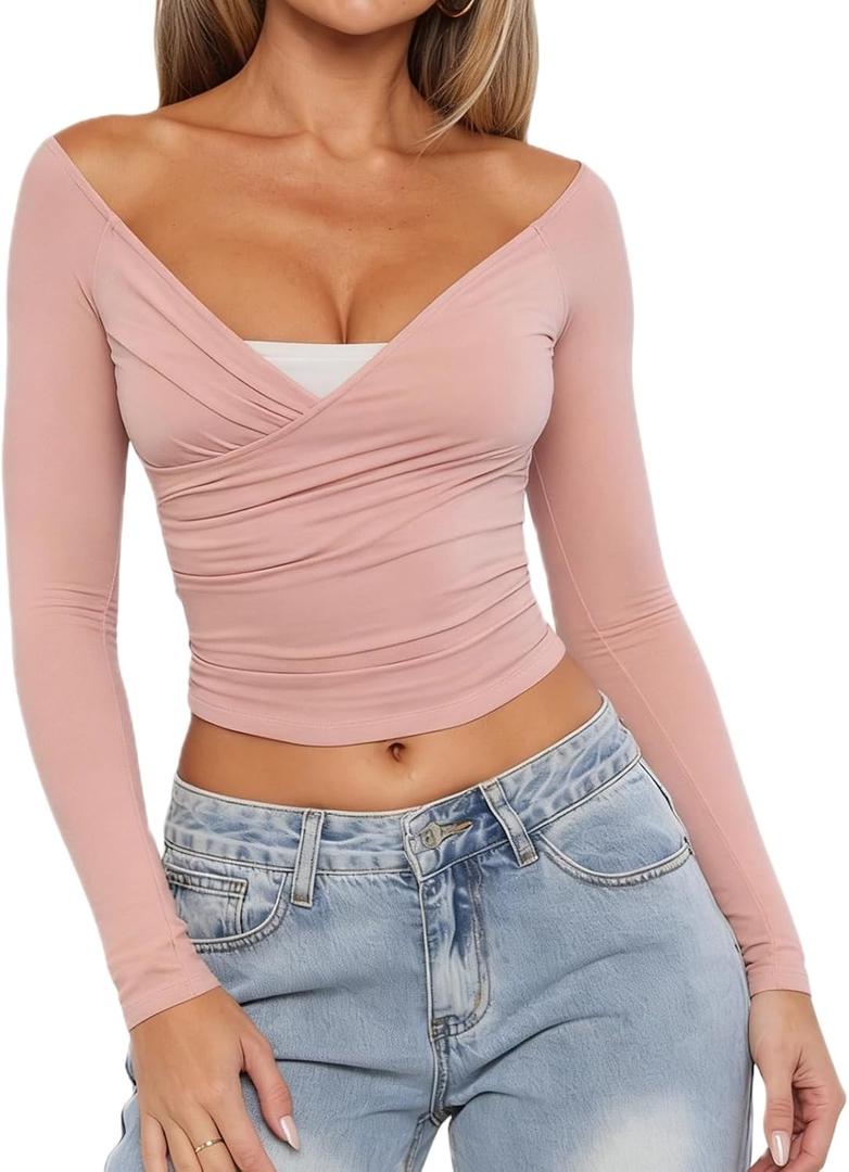 Women Off Shoulder Wrap Tops Long Sleeve Solid Color Slim Fitted T-Shirt Ruched Crop Tops (Pink, S)