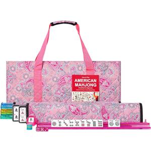 American Mahjong Game Set, 166 White Tiles, 4 All-in-One Color Rack/Pushers, Complete Mahjong Set with Pink Printed Carrying Bag
