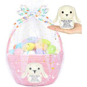 Personalized Easter Basket with Positive Crochet Bunny & Gift Bags & Ribbons, Cute Doll Plush Bag Empty Egg Storage Basket for Kids Boys Girls Easter Gifts Party Decorations (Woven-Pink)