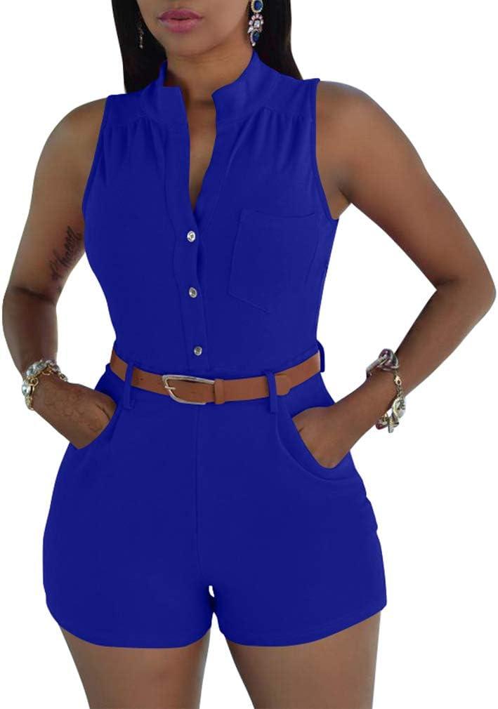 XXTAXN Women's Sexy V Neck Rompers One Piece Short Jumpsuit with Belt And Pockets (Large, Royalblue)