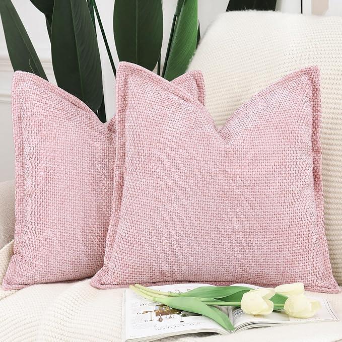 MADIZZ Chenille Velvet Throw Pillow Covers with Flange Set of 2 Super Soft Boho Textured Pillow Covers Decorative Throw Pillowcases Modern Farmhouse Home Decor for Sofa Bedroom Pink 20x20 Inch