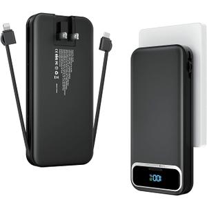 12000mAh Lightweight-Portable-Charger-Power-Bank with Built-in Cables and AC Wall Plug, PD20W USB-C Fast Charging Battery Pack, LED Display External Travel Phone Charger for All iPhone,Samsung,Android (Black)