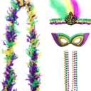 6 Pieces Mardi Gras Costume Accessory Outfit Set Faux Feather Headband headpiece Sequin Fascinators Mask Mardi Gras Beads Necklaces Feather Boa for Men Women Carnival Halloween Party Favor