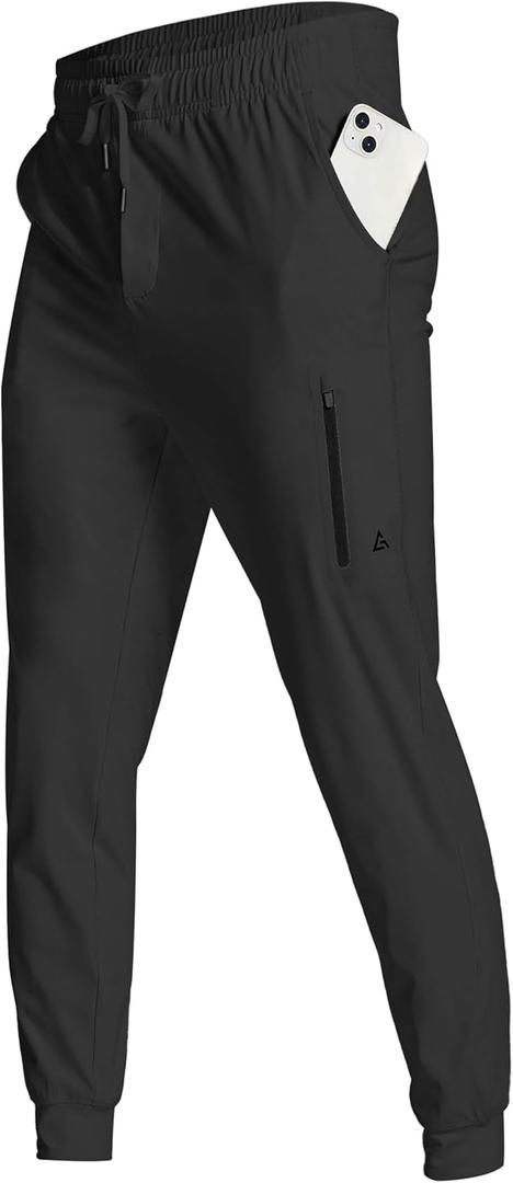 Men's Athletic Joggers with Zipper Pockets Stretch Track Pants Workout Running Gym Golf Sweatpants for Men (Black)