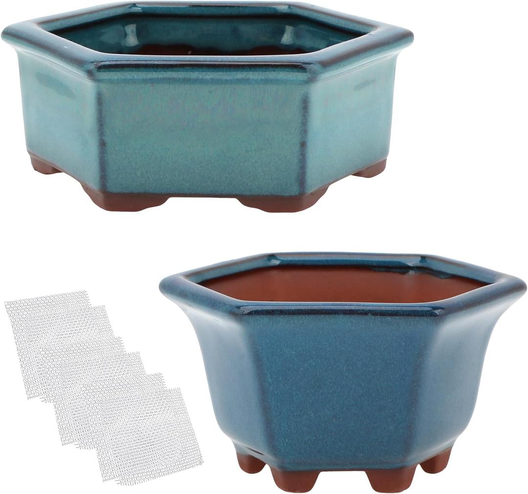 Bonsai Planter 2pc Small Succulent Glazed Pots 4.9" and 6.1" + 6 Soft Mesh Drainage Screens