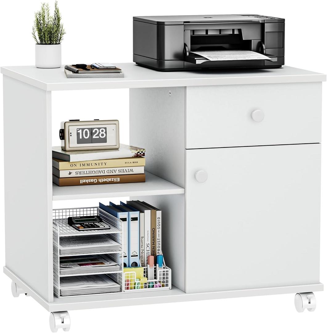 Quikraen Rolling File Cabinet Mobile Filing Cabinets with Doors, Adjustable Shelves Storage Cabinet, Lateral Printer Stand with Drawer for Office Supplies Mobile Filing Cabinet White, 23.6 x 22 x 15.7 inches