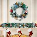 24 Inch Artificial Snow Flocked Christmas Wreath for Front Door With Tree, House and Village Decorations