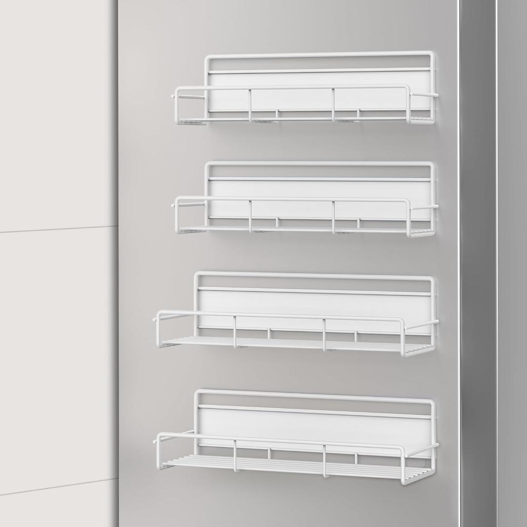 4 Pack Magnetic Spice Rack Organizer for Refrigerator and Microwave Oven, Metal Fridge Shelf for Kitchen, White