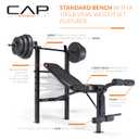 CAP Barbell Standard Weight Bench with Leg Developer and a 100 LB Vinyl Weight Set Adjustable Backrest, Barbell, and Cement Plates for Home Gym