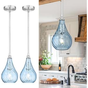 TENGXIN 2 Pack Kitchen Pendant Lighting Over Island 6 Inch,Hanging Pendants Light,Brushed Gold Finished Striped Glass Pendant Light,Farmhouse Pendant Light for Dining Room,Bedroom
