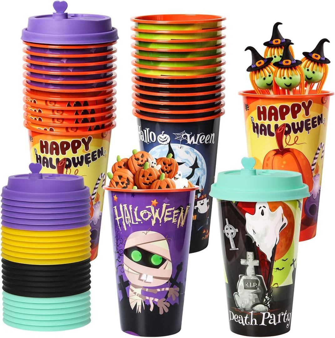 24 Pack Halloween Party Favors Goodie Cups - Bats, Ghost, Cats, Pumpkin, Witch, Spider Patterns - 16OZ Reusable Plastic Cups With Lids and Plugs for Party Decorations