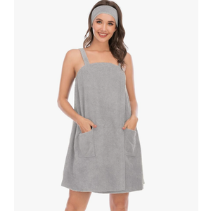 Veseacky Women Bath Wrap Towel for Shower with Pocket Adjustable Robe & Facial Headband ( Grey, XL)