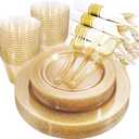 DaYammi 112Pcs Gold Glitter Plastic Plates,Gold Disposable Dinnerware - Gold Plastic Plates Includes 16 Dessert Plate,16 Dinner Plate,16 Per Rolled Napkins with Cutlery and Cups for Party Wedding