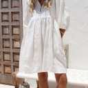 chouyatou Women's Summer Puff Sleeve Cotton Tunic Dress V-Neck Mini Vacation Babydoll Dress (White, XL)