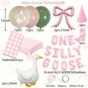 One Silly Goose 1st Birthday Table Decorations Girl Goose Balloons with Pink Bow, ONE SILLY GOOSE Foil Banner & Gingham Tablecloth, Cute Baby Girl Birthday Party Decor