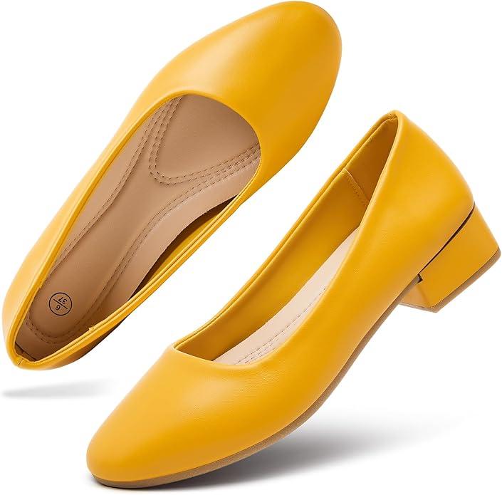 hash bubbie Women's Loafers Slip on Shoes Chunky Low Block Heels Closed Toe Pumps Shoes Office Shoes Ladies Elegant Wedding Dress Shoes 7, Yello