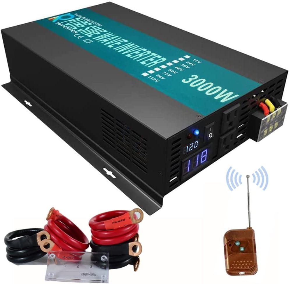 WZRELB 3000watt Pure Sine Wave Inverter 12V DC to 120V AC 60HZ with LED Display Wireless Remote Controller Car Inverter Generator (RBP300012VCRT)