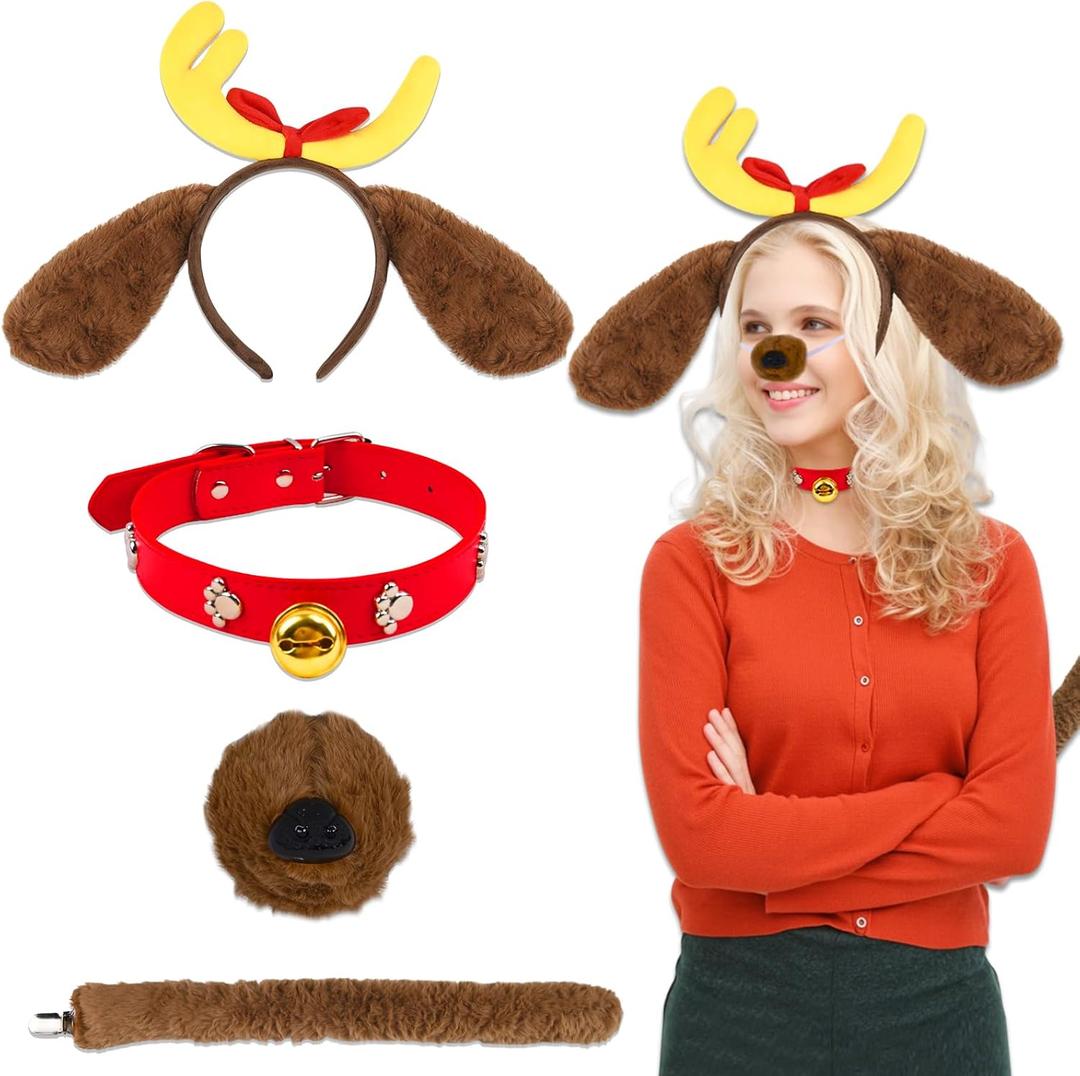 4 Pcs Deer Antler Dog Ears Headband, Christmas Reindeer Antlers Headbands, Headband+Nose+Red Choker+Tail (Yellow)