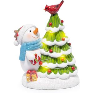 Hodao Christmas Tree Figurine Decorations  Lighted Hand-Painted Resin Snowman with Cardinal, Tabletop Decor for Family or Friends | Mantel, Shelf, Living Room Display (Green)