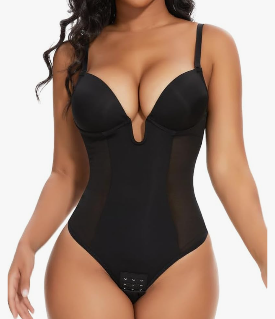 SHAPERIN Women's Backless Body Shaper Bra Faja U Plunge Low Back Thong Shapewear Tummy Control Deep V Bodysuit Size L