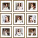 12x12 Picture Frame Set of 9, Display Pictures 8x8 with Mat or 12x12 without Mat, Multi Collage Gallery Square Photo Frames for Wall or Tabletop, Light Brown