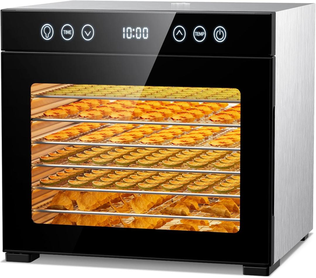 Food Dehydrator, Fruit Dryer Machine with Adjustable Timer & Temperature, 8 Stainless Steel Trays, Quiet Operation, 650W Powerful Dehydrator for Jerky, Fruits, Herbs, Dog Treats (Standard Black+Deep Gray)