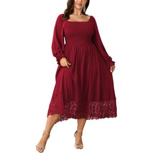 SHESTARR Women's Plus Size Maxi Dress Long Sleeve Square Neck Smocked Flowy A-Line Lace Trim Wedding Guest Dresses (Red) XL