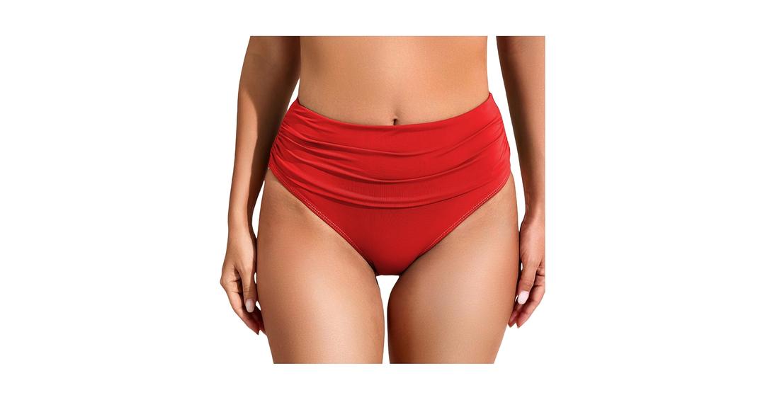 COCOPEAR Women's High Waisted Full Coverage Bikini Bottom Ruched Bathing Suit Bottoms for Women Tummy Control Swim Bottoms Red S