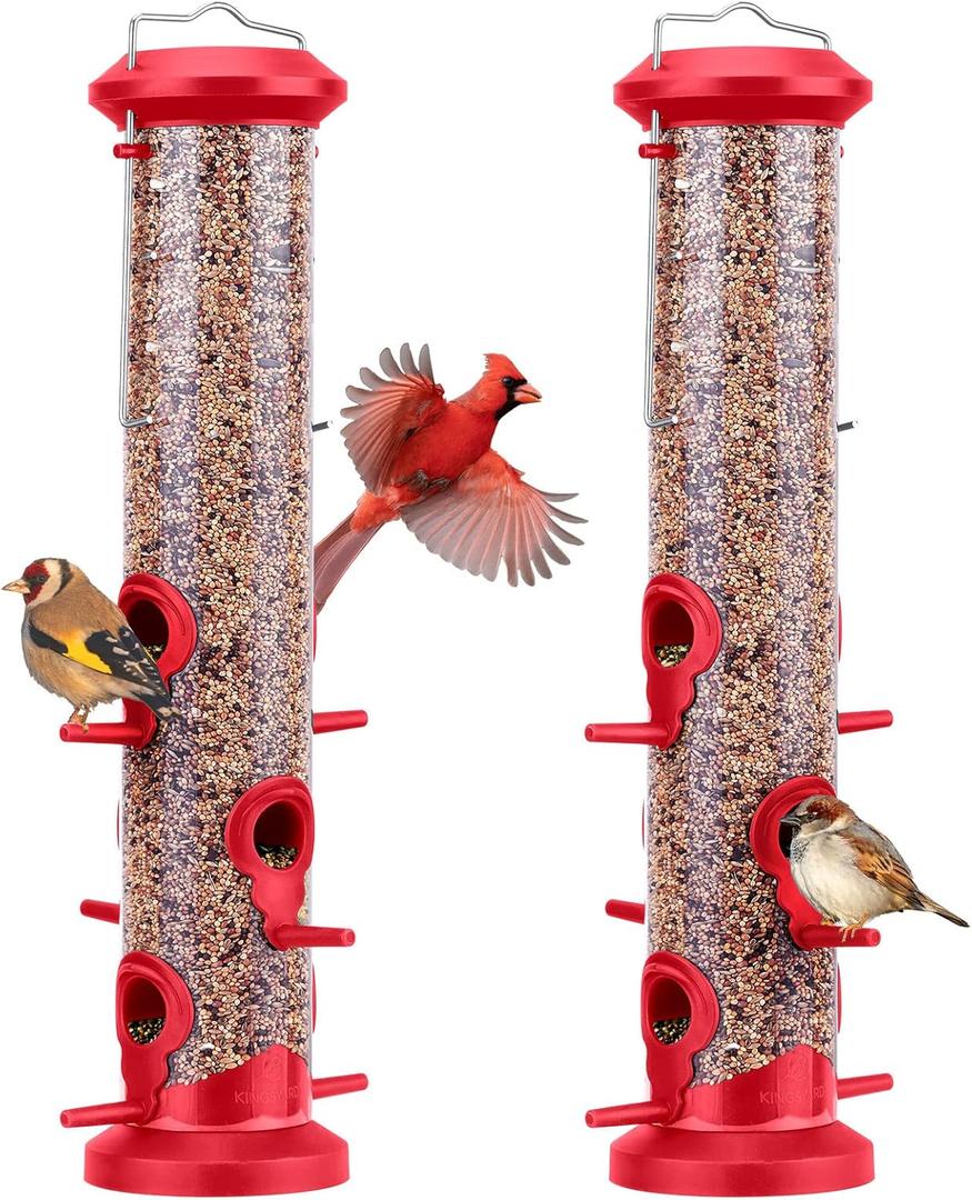 Kingsyard Pack of 2 Tube Bird Feeders for Outdoors Hanging, Premium Hard Plastic Bird Feeder with 6 Feeding Ports, Weatherproof & Steel Hanger, Attracting for Wild Birds (Red)