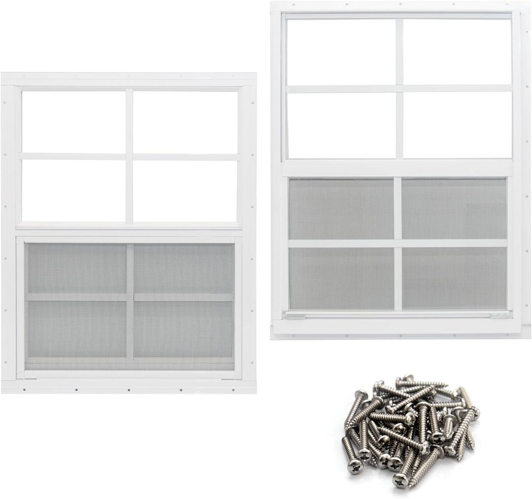 NeatiEase 2 Pack Shed Window, 24" x 36" Flush Mount Window with Tempered Glass and Fiberglass Screen for Shed, Chicken Coop, Playhouse, Household, Garage (White)
