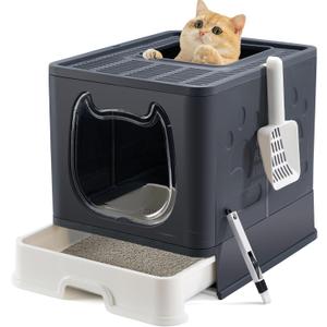 Vealind Cute Covered Cat Litter Box with Lid Cover Low Entry Hooded Enclosed Small Kitty Kitten Litter Box Enclosure with Scooper and Brush Closed Litter Tray Black