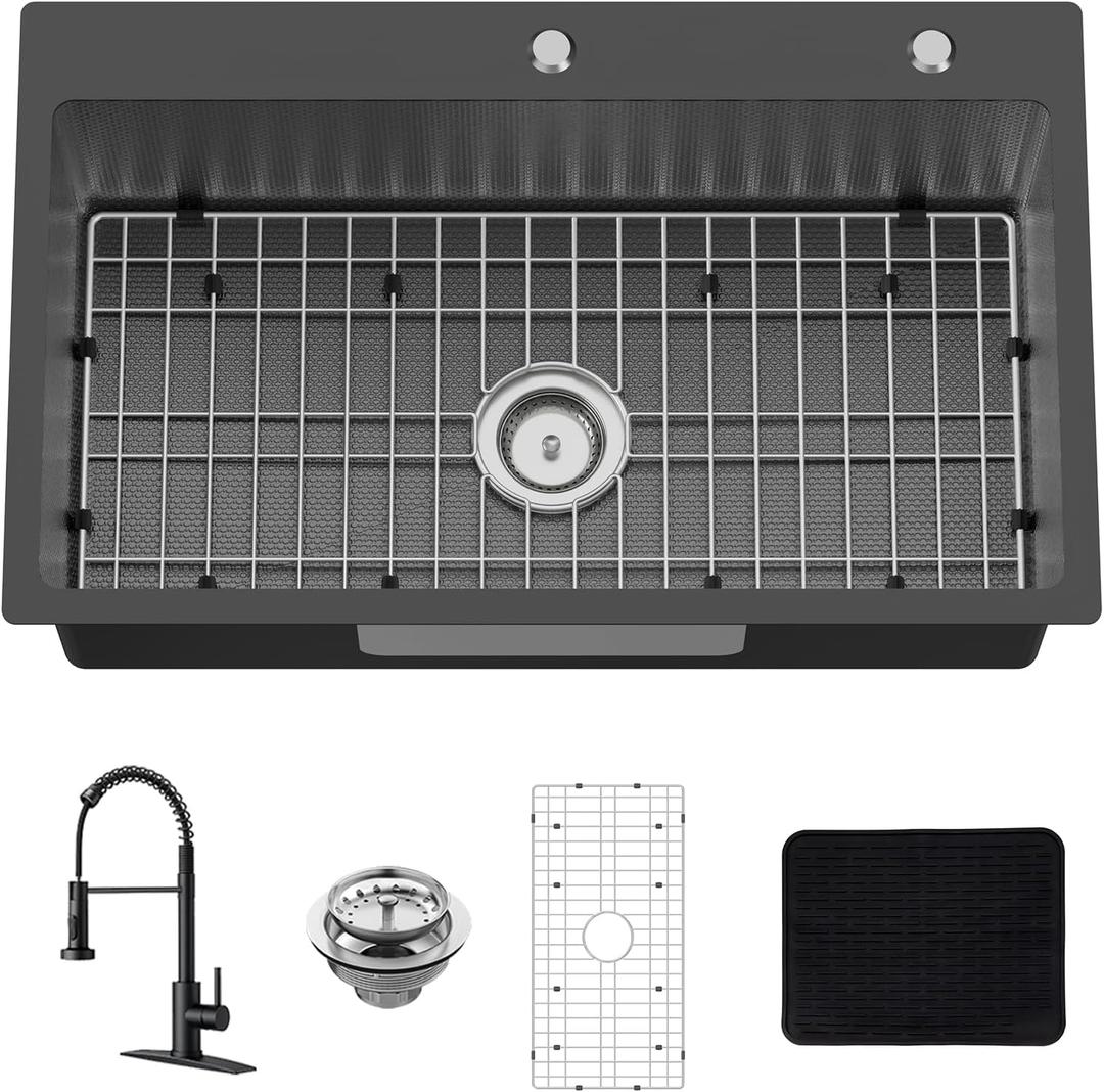 Black 30x18 Inch Drop In Kitchen Sink With Faucet-Stainless Steel Single Bowl Kitchen Sink Stylish&Modern Look With Faucet,Bottom Grid,Silicon Mat And Drain Assembly Add Elegance & Enhance Usability