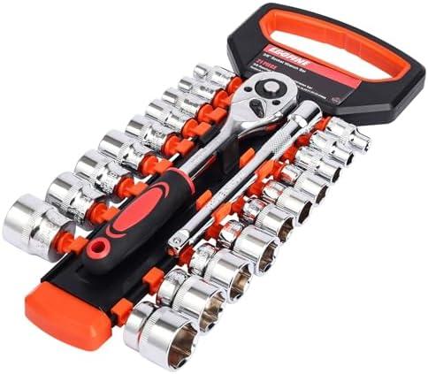 Egofine 21pcs 3/8 Inch Ratchet Socket Wrench Set, Drive Socket Set with 19 Sockets, 6-24mm sockets and 2 Way Quick Released Ratchet Handle and Extension Bar