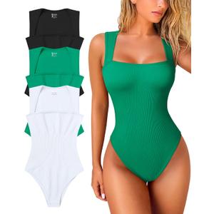 OQQ Women's 3 Piece Bodysuits Sexy Ribbed Strappy Square Neck Sleeveless Tummy Control Tank Tops Bodysuits (Black, green, white, XL)
