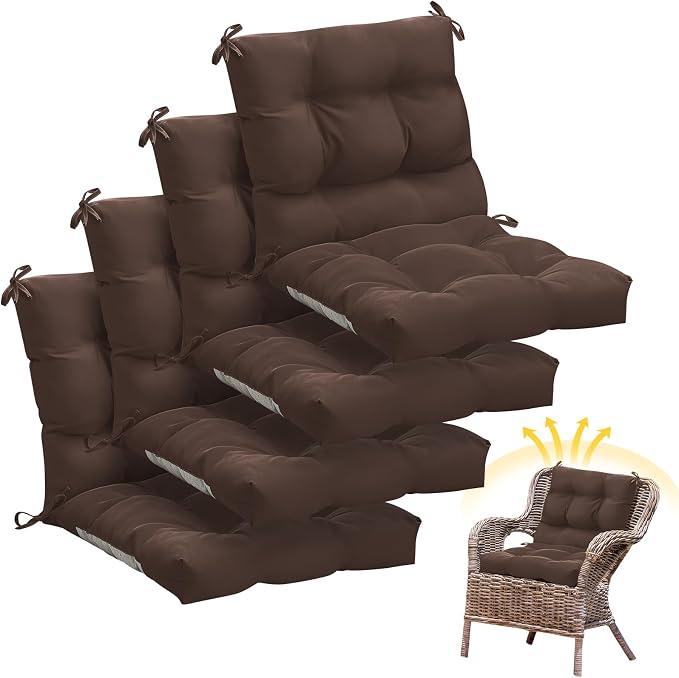 Marsui 4 Pcs Outdoor Indoor High Back Chair Cushions Patio Furniture Tufted Pillow with Ties Water-Resistant Replacement Outdoor Rocking Chair Cushions, 42 x 21 Inches (Dark Brown,Solid Color)