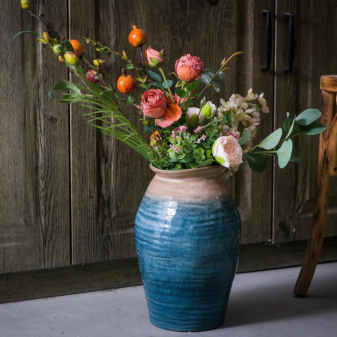 Tanvecle Blue Floor Vase, Ceramic Glazed Large Vase for Modern Farmhouse Home Decor, Rustic Terracotta Pottery, Vintage Clay Vase for Living Room Entryway Centerpiece