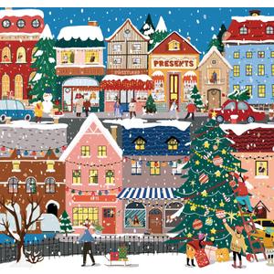 1000 Piece Christmas Puzzle for Adults, Festive Winter Village Jigsaw Puzzle with Glitter Snow Effect, Holiday Street Scene Puzzle, Perfect for Christmas Fun, 24 x 24 Inches