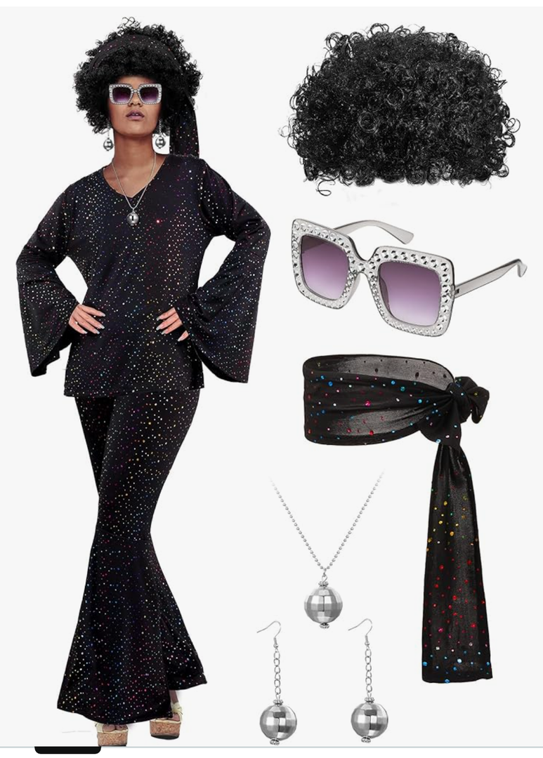 Jexine 70s Women Disco Outfit Costume Disco Party Top Pants Sunglasses Ball Necklace Earring Wig for Halloween New Year Eve, M