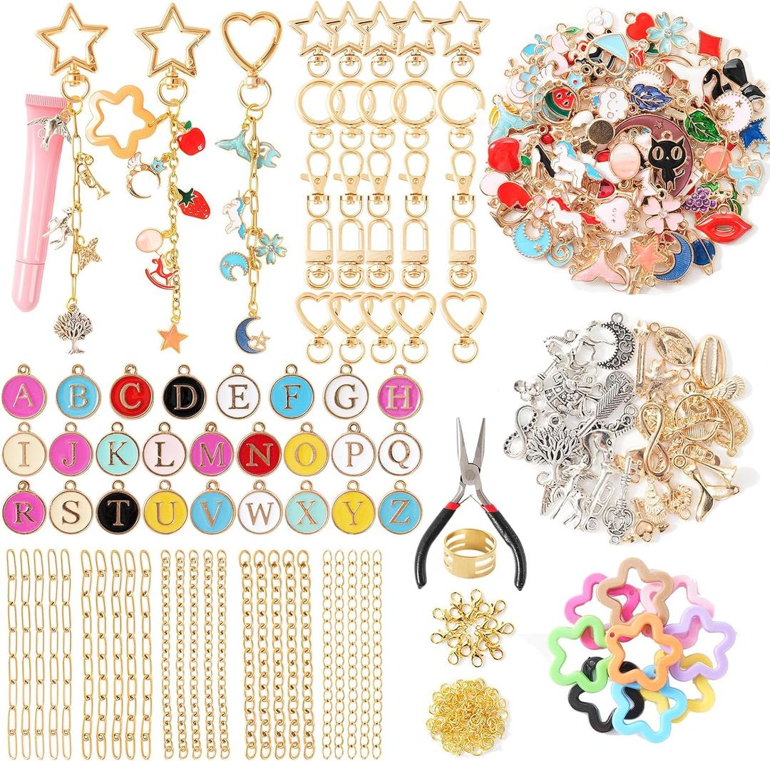 428Pcs Charms Lip Gloss Keychain Making Kit, DIY Bag Charm Kit with 25 Keychain Clips 25 Extender Chain 140 Charms Jewelry Plier & Beading Accessories, Jewelry Making Kit for Custom Keychains Gifts