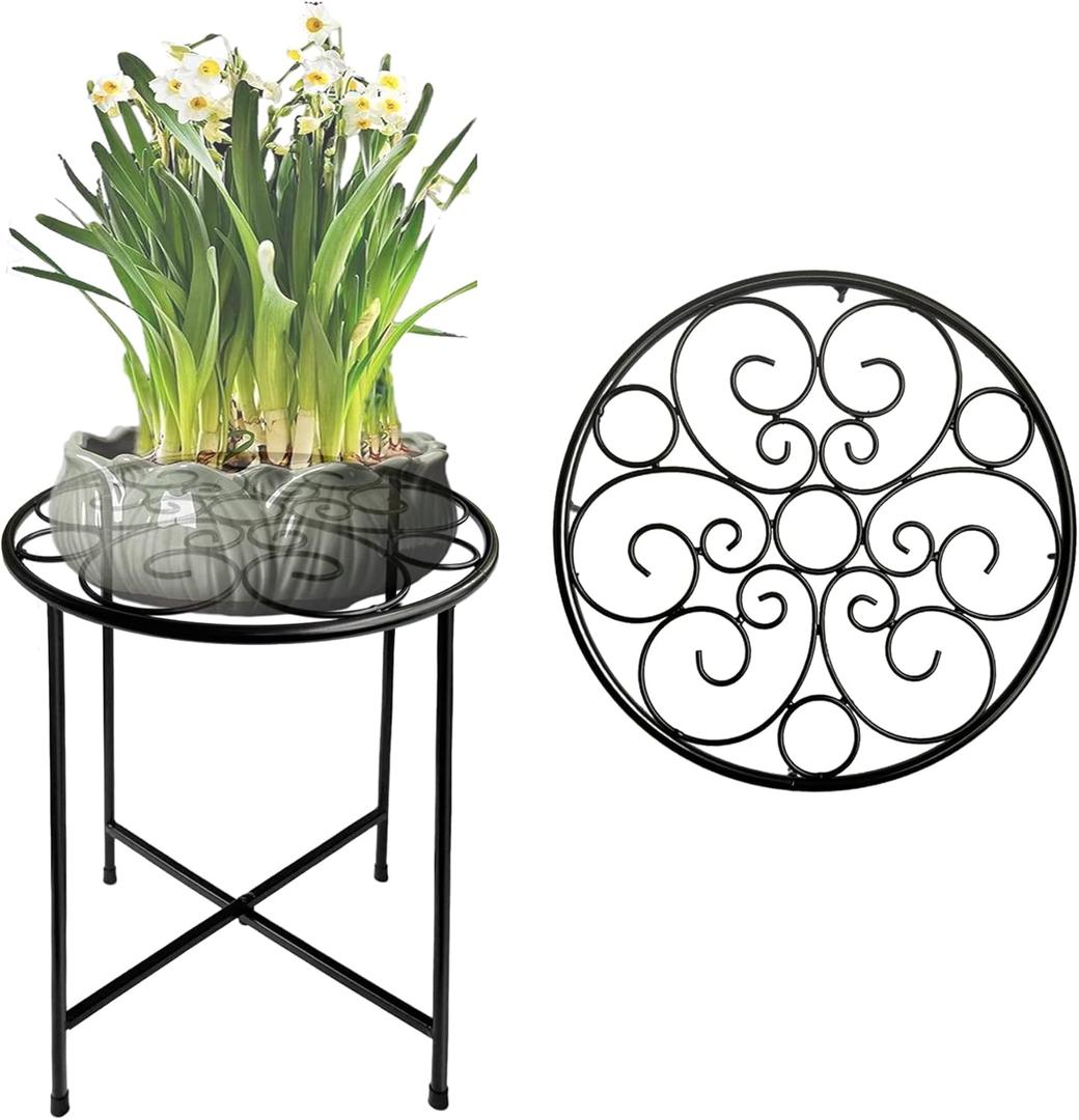 Plant Stand, 15'' Tall Indoor Outdoor Set of 1, Retro Design Round, Rust-Proof Coated Metal Pot Stand for Flowers, Patio Garden Home Decor - Black