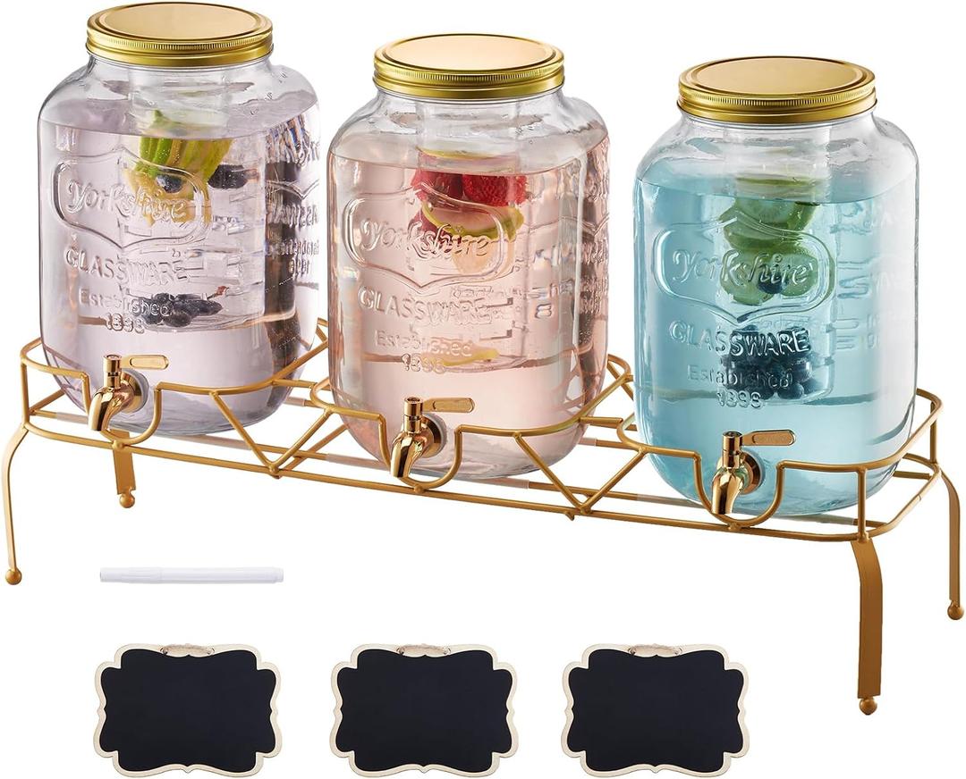 VEVOR Beverage Dispenser, 3 Pack 2 Gallon Drink Dispensers for Parties, Glass Juice Dispenser with Metal Stand, Stainless Steel Spigot, Infuser, Iced Tea Lemonade Juice Water Dispensers for Parties