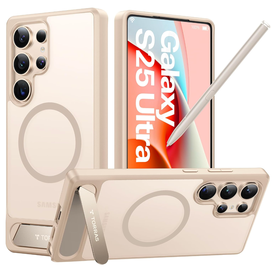 TORRAS Strong Magnetic & Seamless Stand for Samsung Galaxy S25 Ultra Case, Fit for MagSafe, MilGrade Drop Protection, Kickstand for Samsung Galaxy S25 Ultra Case, Translucent Back/Gold Edge