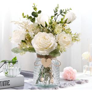 Fake Flowers with Vase, Artificial Flowers in Vase, Table Centerpieces for Dining Room, Silk Flower Arrangements Set, Living Room Bathroom Plants Decor, Dining Table Centerpieces (White)