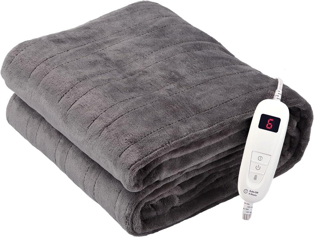 Tefici Electric Heated Blanket Throw, Super Cozy Soft 2-Layer Flannel 50" x 60" Heated Throw with 6 Heating Levels & 4 Hours Auto Off, Machine Washable, ETL&FCC Certified, Home Office Use,Grey