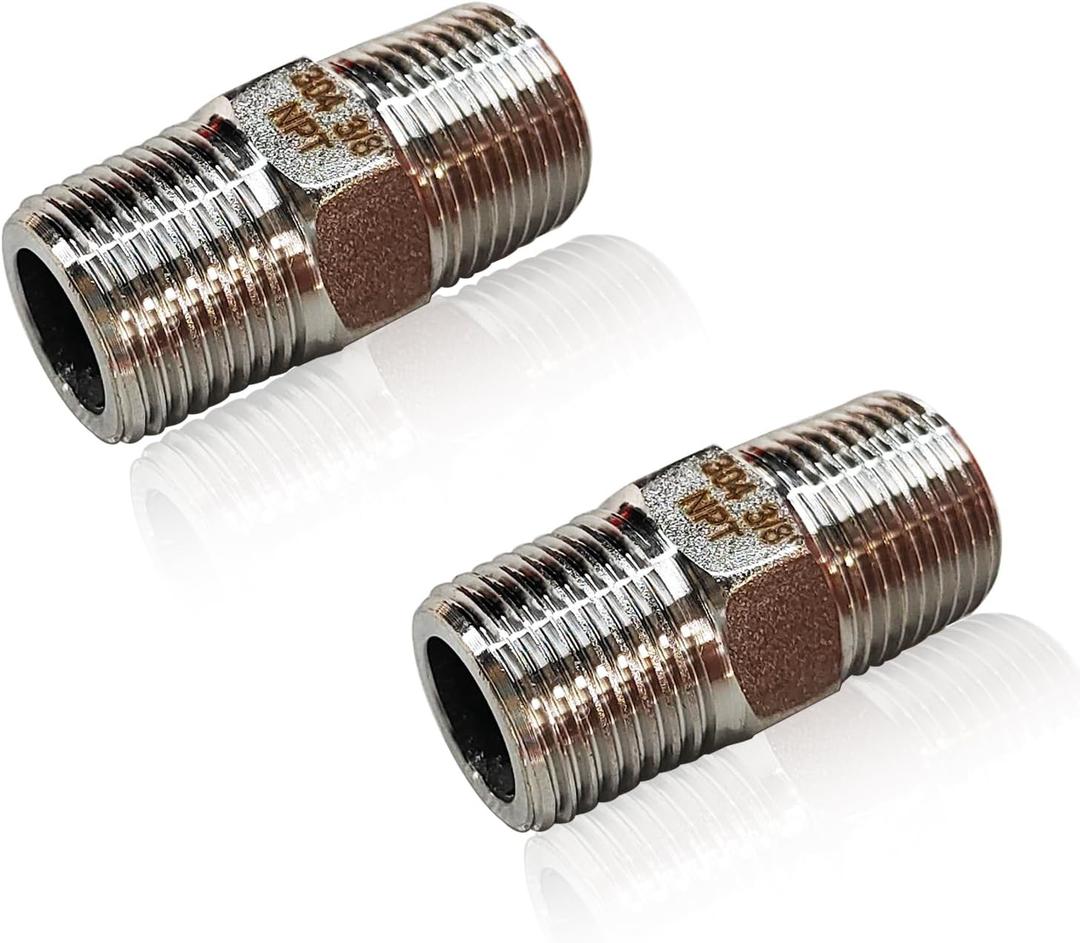 2PCS Hex Stainless Steel Nipple 3/8"NPT Male X 3/8" NPT Male Pipe Fitting 3/8 inch Stainless Steel Pipe Nipples Male Pipe Adapter Fittings Heavy Equal Nipples Connectors