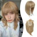 Ms Taj 12 Inch Hair Topper with Bangs, 360 Cover Synthetic Clip in Bangs, 4"x5" Bangs Natural Straight Fiber Hair Toppers for Women, Breathable & Comfortable for Daily Wear(Champagne Blonde)