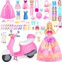 67Pcs Doll Clothes and Accessories with Doll, Motorcycle Scooter Set, Skiing Kit, Pet Set, 10 Shoes, 6 Outfits (Dress/Pants/Casual), Doll Playset Dress Up Toys for Girls Kids Toy Gifts