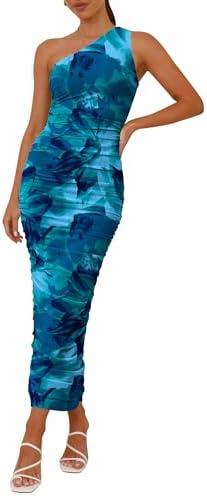 PRETTYGARDEN Women's One Shoulder Bodycon Dresses Summer 2025 Ruched Floral Beach Cocktail Wedding Guest Dress M