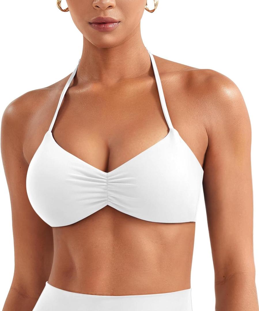 YEOREO Halter Sports Bras for Women Adjustable Strappy Open Back Impact Removable Pads Deep V Bra Workout Gym Yoga Crop Top (Medium, White)