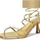 ISNOM Strappy Sandals for Women Kitten Heels Lace Up Heels Stiletto Heels Wrap Around Heels with Square Toe, 11 Size Metalgold